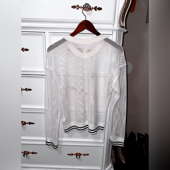Truly Madly Deeply Open Knit Sweater, White with Striped Trim, Size Large - Picture 15 of 17